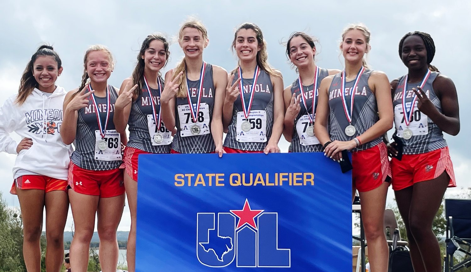 The Mineola state cross country qualifiers include, from left, Mariana Delgadillo, Riley Weekly, Keilee Riley, Olivia Hughes, Raquel Hughes, Kapri Riley, Hannah Zoch and Shylah Kratmeyer.